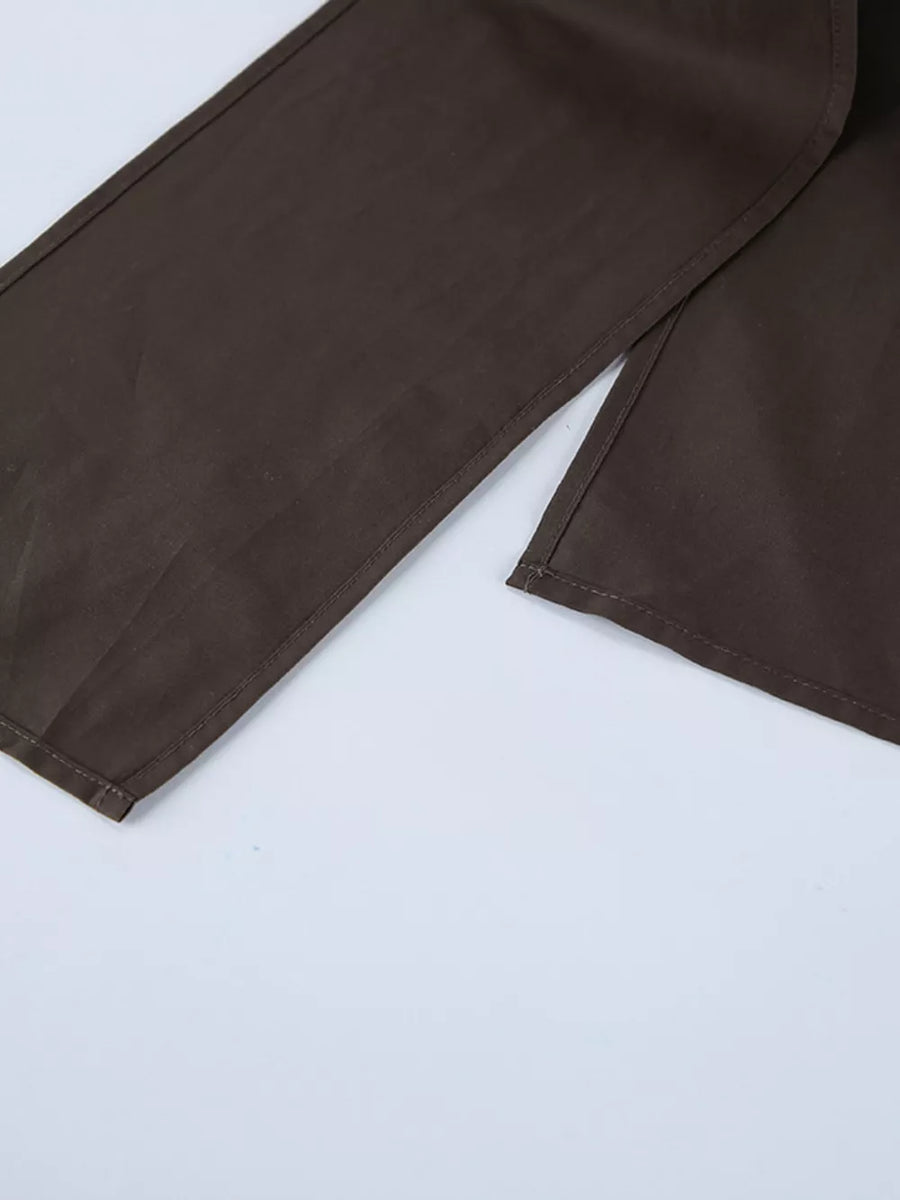 Brown button-up shirt with ruched and long sleeve