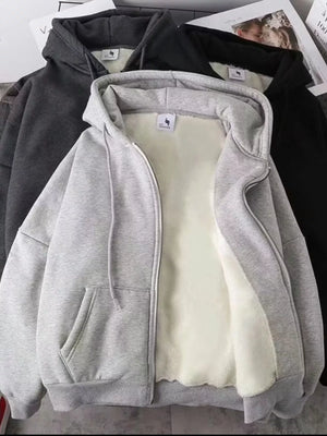 Fleece lined zip-up hoodie in gray with a soft sherpa lining.