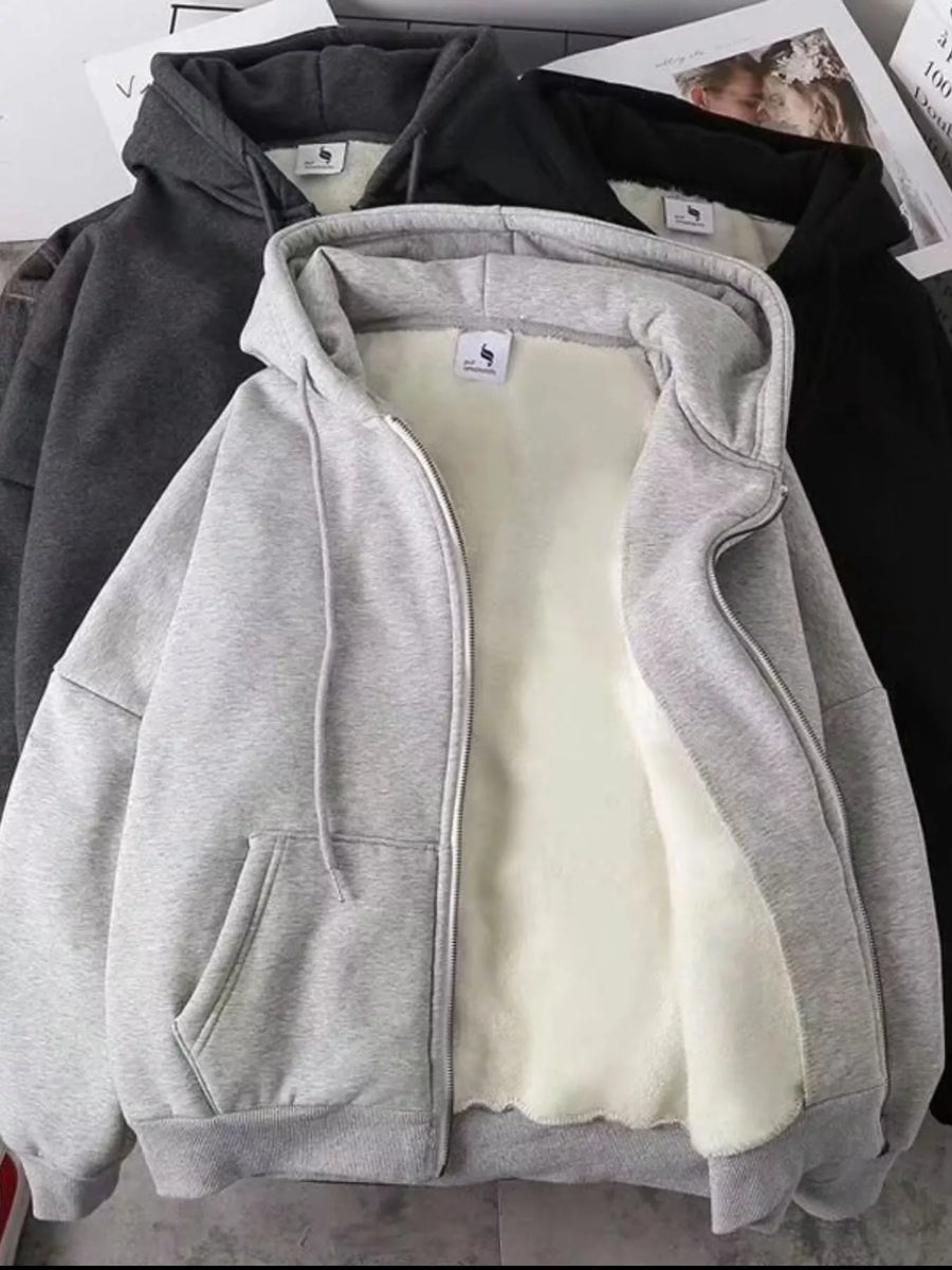 Fleece lined zip-up hoodie in gray with a soft sherpa lining.