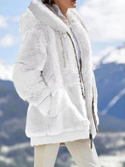 White cozy fleece zip-up hooded jacket with drawstring and pockets.