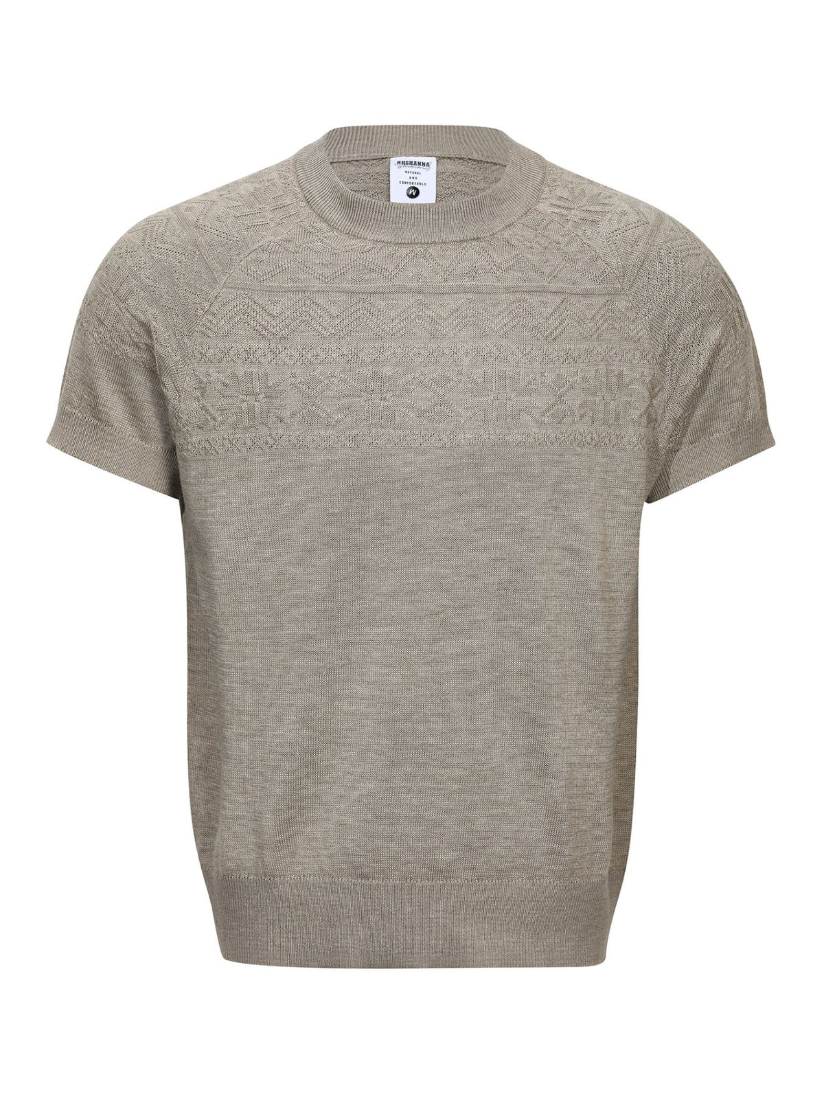 taupe pullover sweater with geometric and crew neck