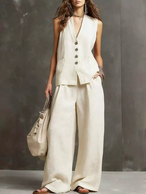 Khaki Sleeveless Buttoned Vest And Wide-leg Pants Set