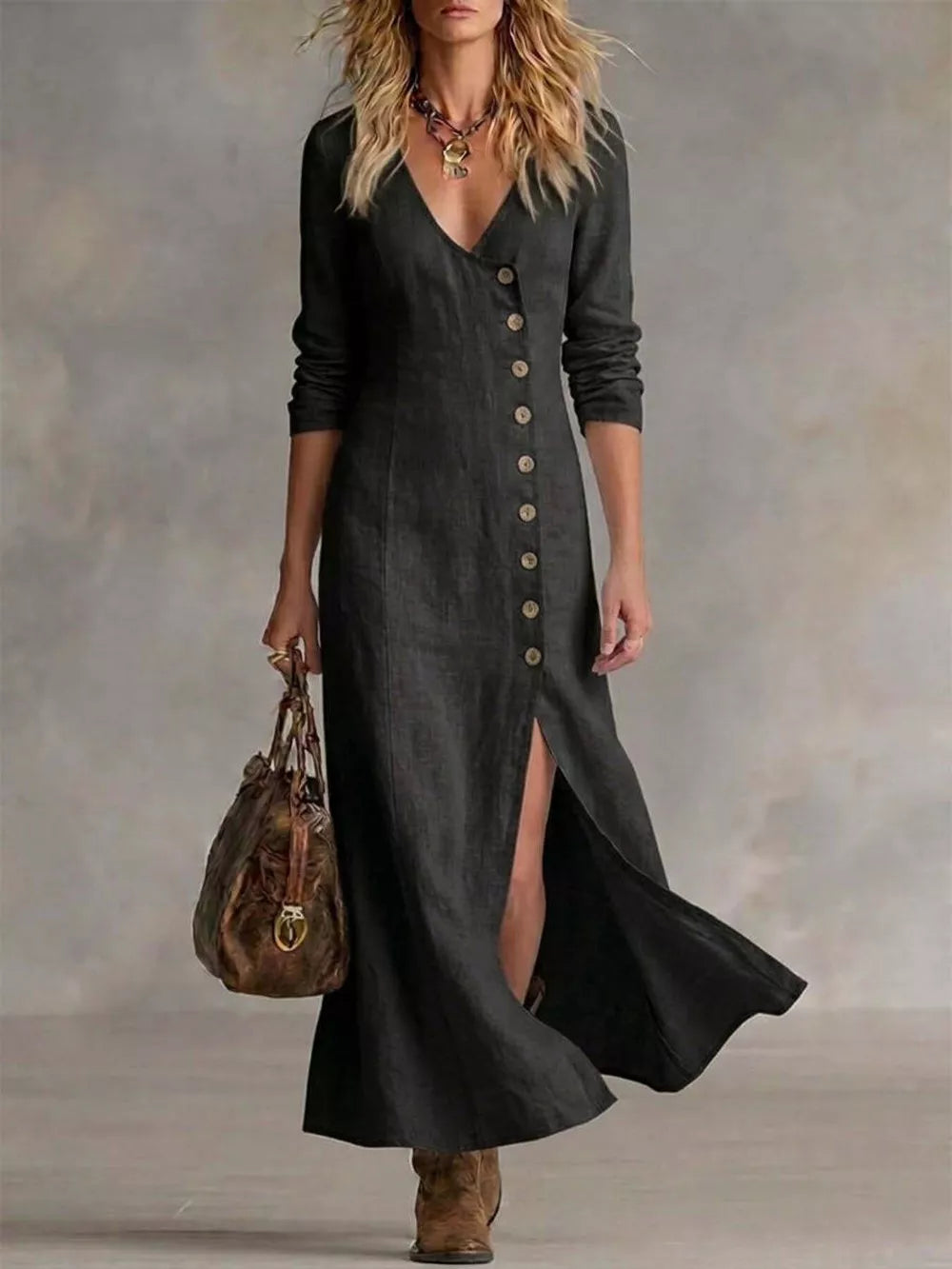 100% polyester Care instructions: Machine wash cold midi dress in Black with A-line silhouette