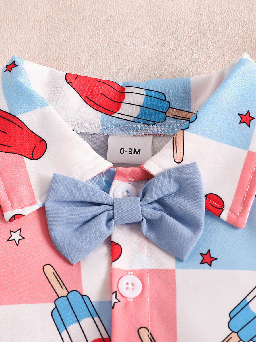 Baby bodysuit with popsicle print, collar, and blue bow tie detail.