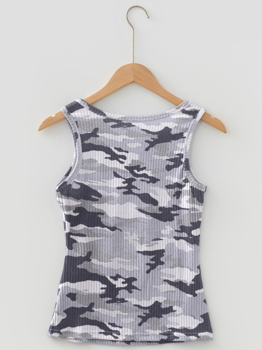 Gray ribbed knit camouflage tank top with a scoop neck.