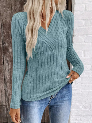 Peacock Blue, Ribbed V-neck Long Sleeve T-shirt in Peacock Blue