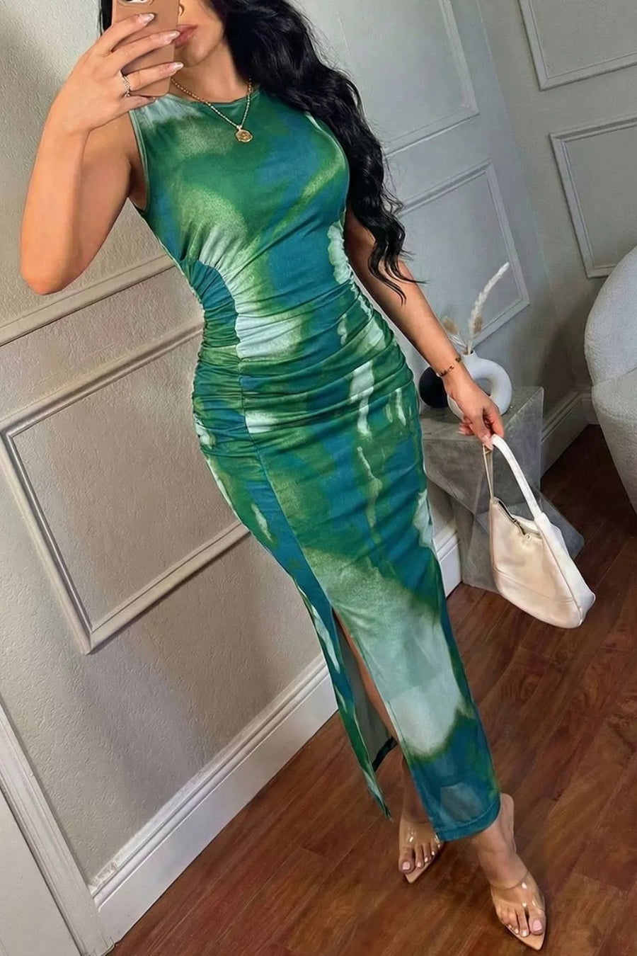 Turquoise with Sleeveless Ruched Tie-dye Maxi Dress