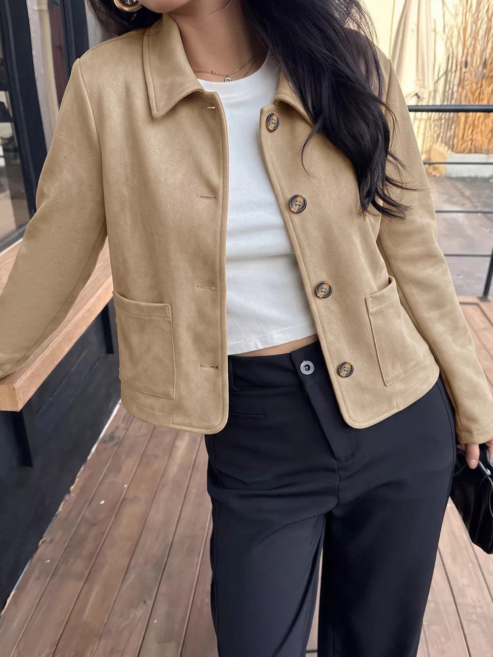 Khaki jacket with cropped and button-front