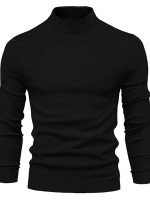 Black ribbed mock neck sweater with long sleeves and a fitted silhouette.