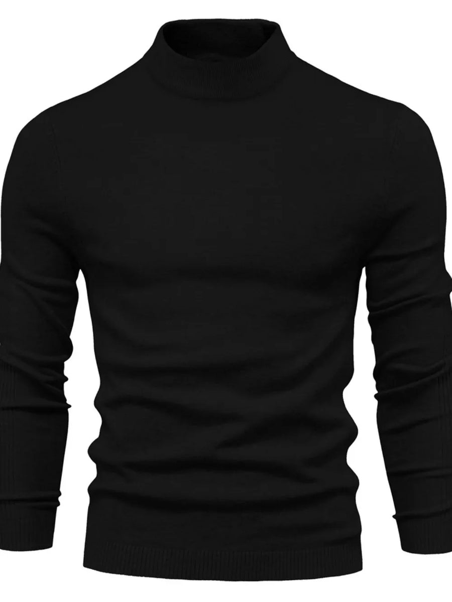 Black ribbed mock neck sweater with long sleeves and a fitted silhouette.