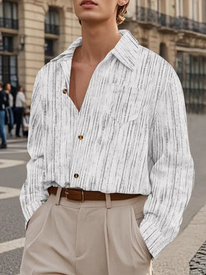Textured stripe relaxed fit shirt in white with a button-down collar and chest pocket.