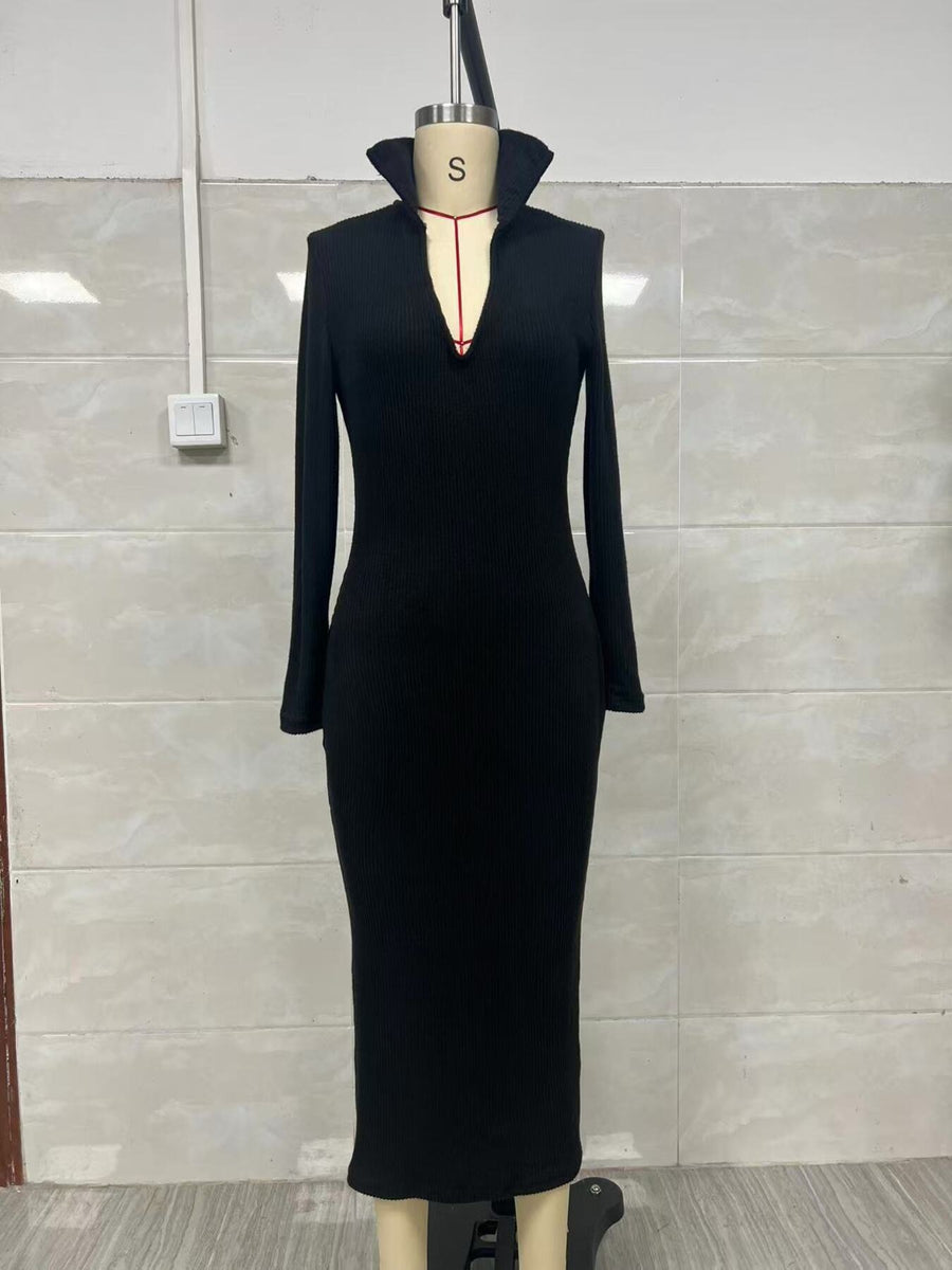classic sweater dress in black with v-neck