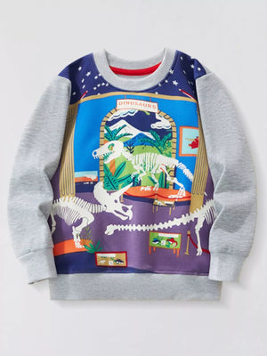Light Gray baby sweatshirt with dinosaur museum graphic, crew neck, and long sleeves.