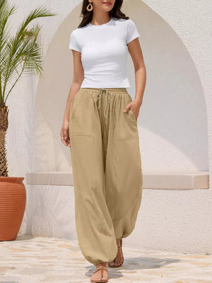 Khaki relaxed harem pants with drawstring and contrast stitching detail