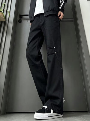 olive green wide-leg jeans with full-length and zip-front