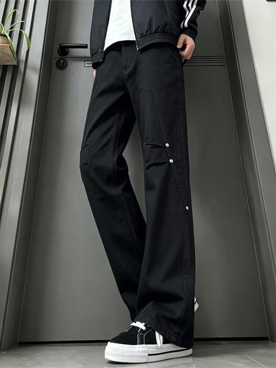olive green wide-leg jeans with full-length and zip-front