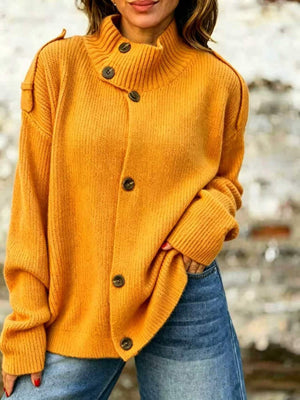 Full Size Button-Up Mock Neck Cardigan Plus Size in Green with ribbed