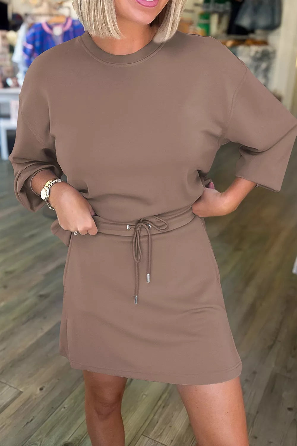lounge set in taupe featuring drawstring and relaxed fit