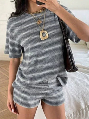 lounge set in light gray with crew neck and short sleeve