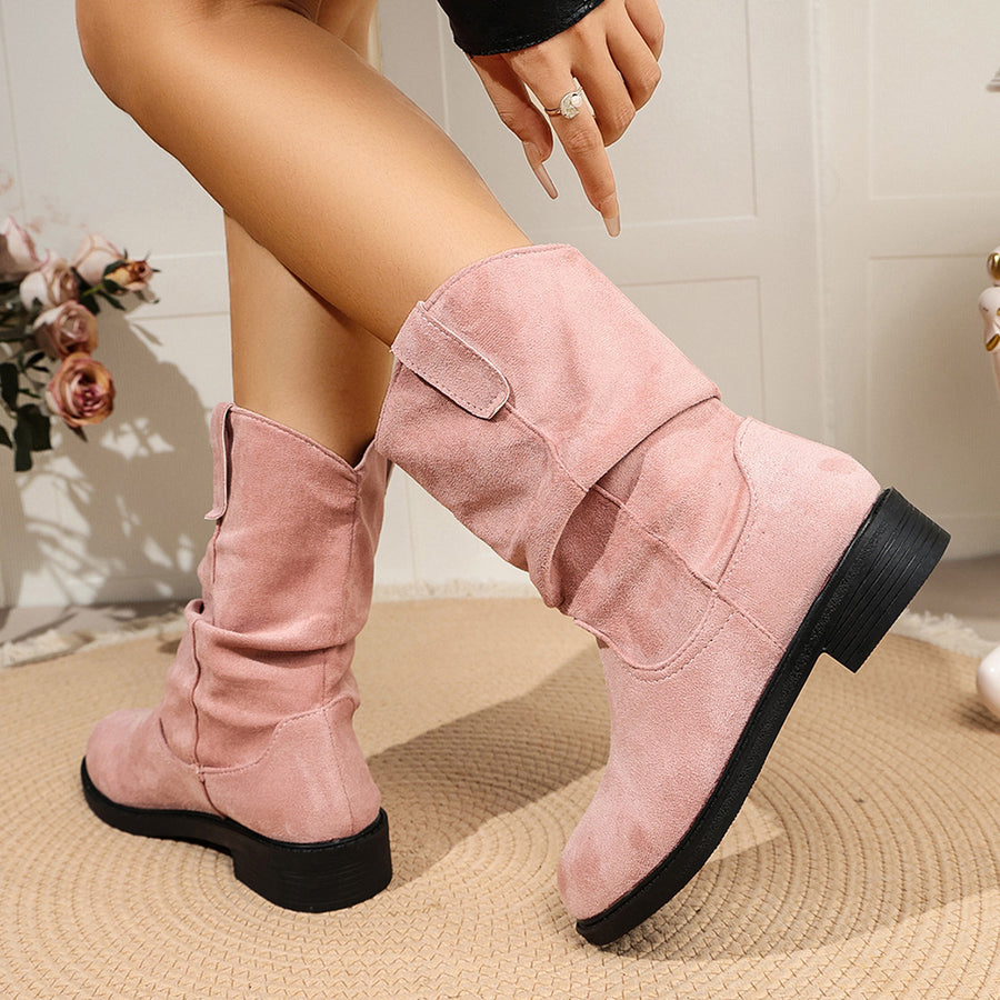 boots in light pink with round toe and mid-calf