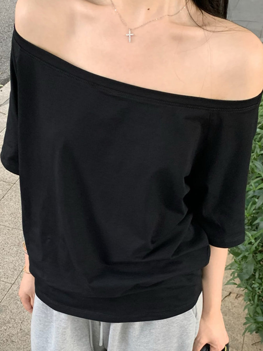 Boat Neck Short Sleeve T-Shirt in White with asymmetrical