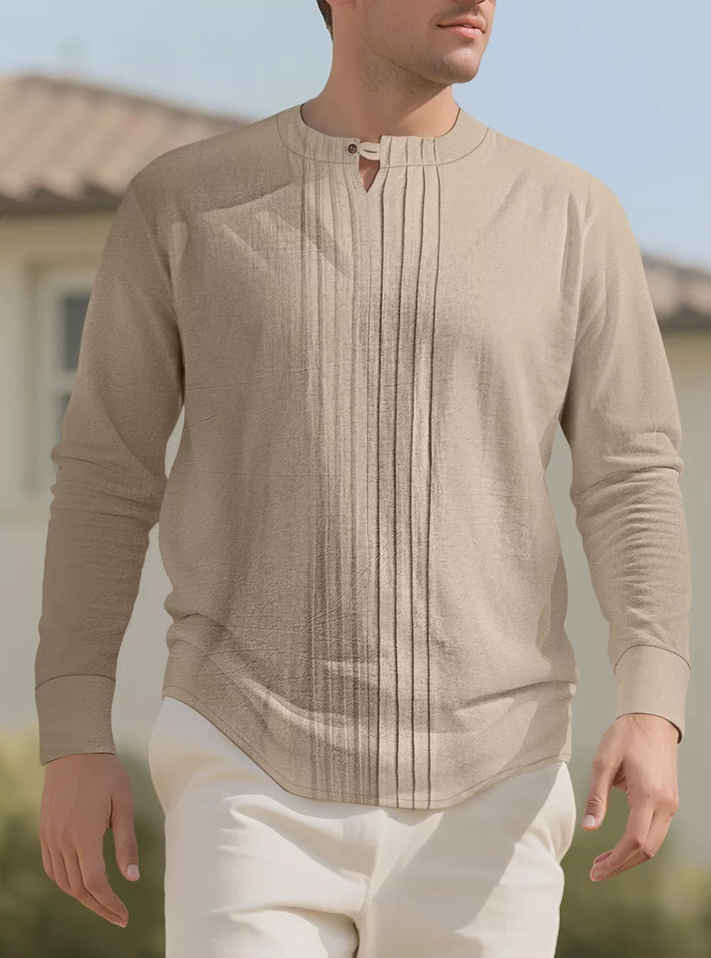 Men's Casual Pleated Long Sleeve Shirt Plus Size in Grey