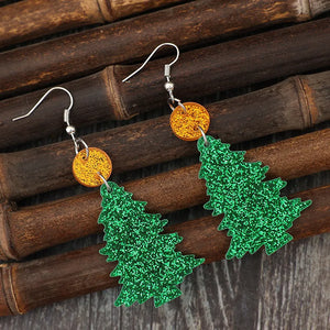 Glittering green acrylic Christmas tree drop earrings with gold glitter circle tops.