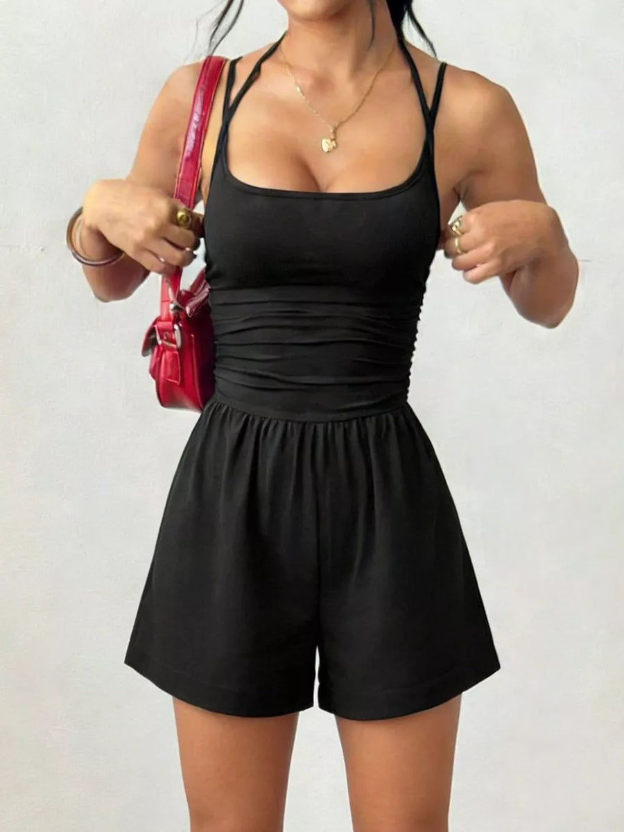 Ruched Spaghetti Strap Romper in Olive Green, view 11