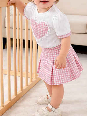 Pink Children's Heart Short Sleeve Top And Skirt Set