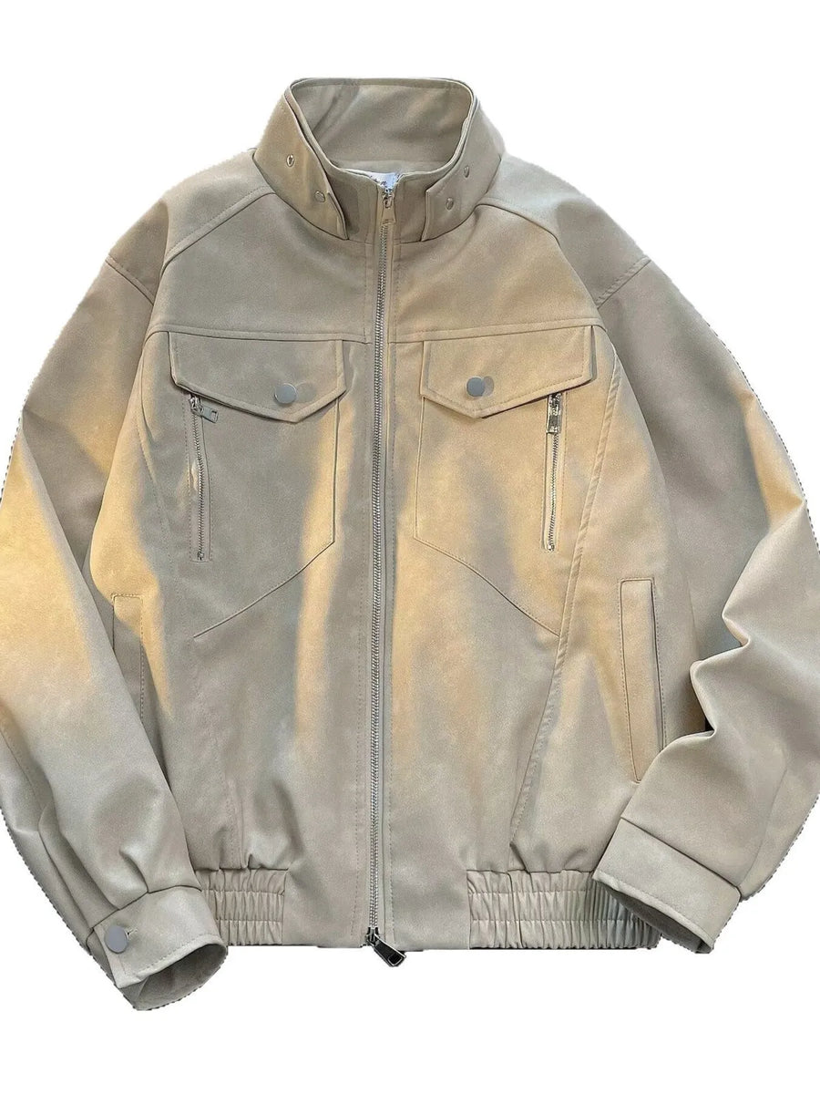 Men's Khaki casual bomber jacket with zip front, chest pockets and stand collar.