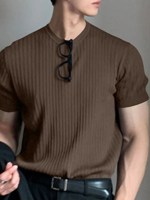 Textured ribbed crewneck tee in coffee brown with short sleeves.