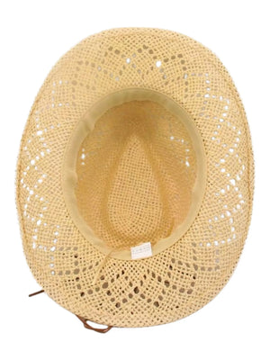 Women's woven boho cowboy hat in ivory with crochet details and a chin strap.