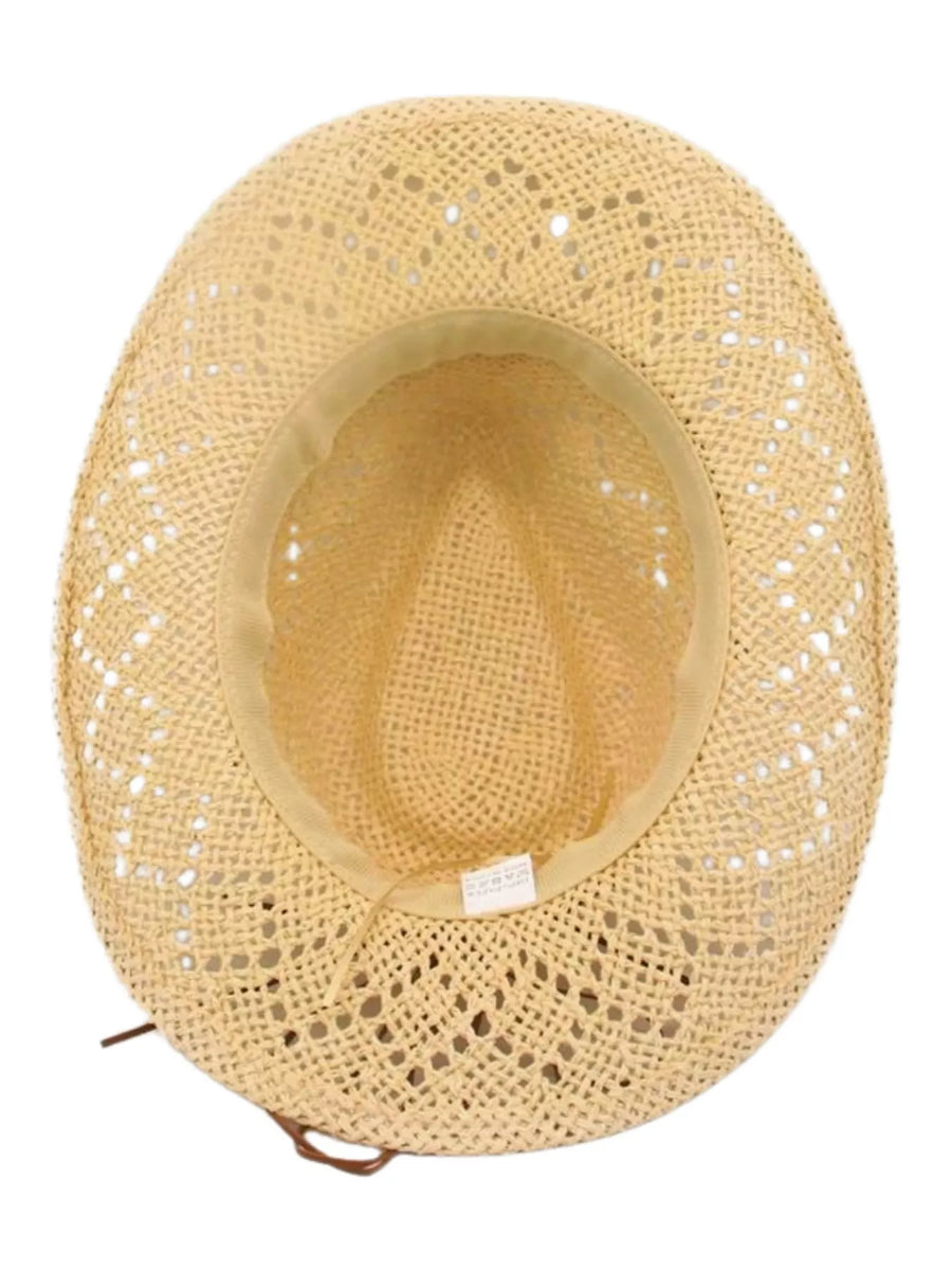 Women's woven boho cowboy hat in ivory with crochet details and a chin strap.