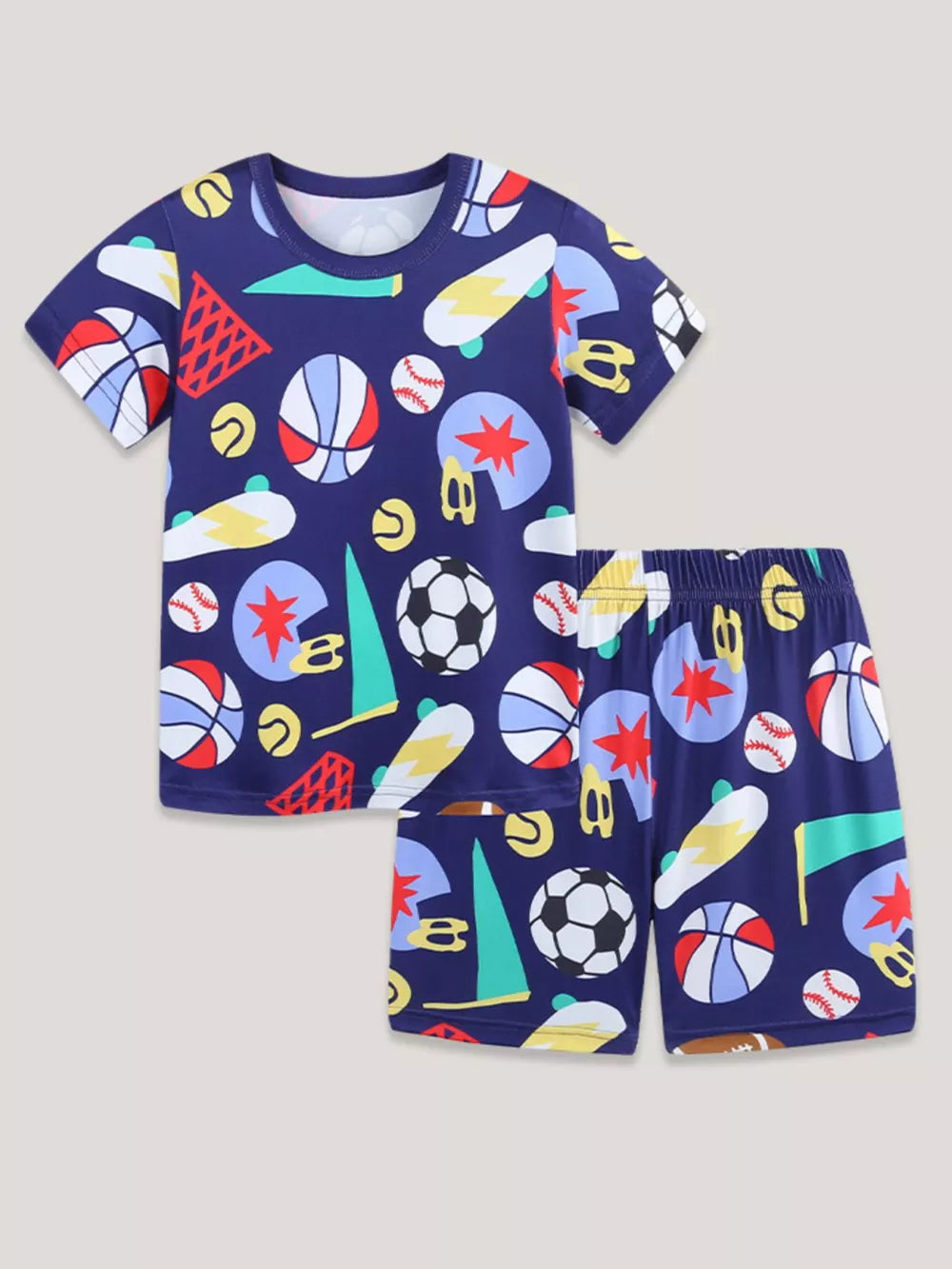 Navy blue short sleeve tee and shorts set with a sporty print for kids.