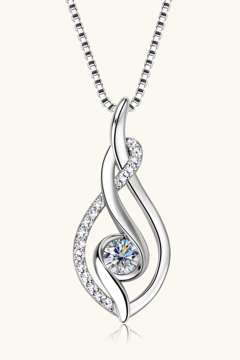 Silver infinity swirl pendant necklace with moissanite and pave crystals