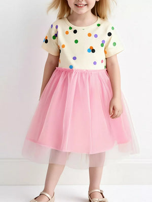 Toddler polka dot dress with pink tulle skirt and short sleeves.