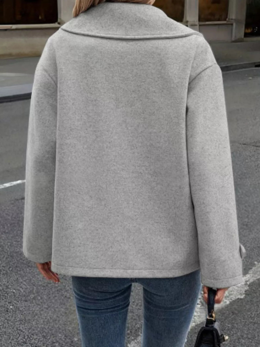 Light gray wool blend double-breasted pea coat with wide collar and button cuff detail
