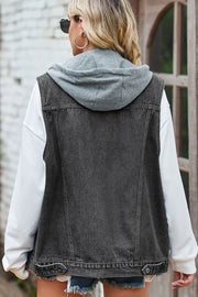Dark denim hybrid vest with grey hooded sweatshirt, casual buttoned style.