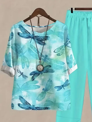Dragonfly print top with half sleeves and matching Tiffany Blue pants.