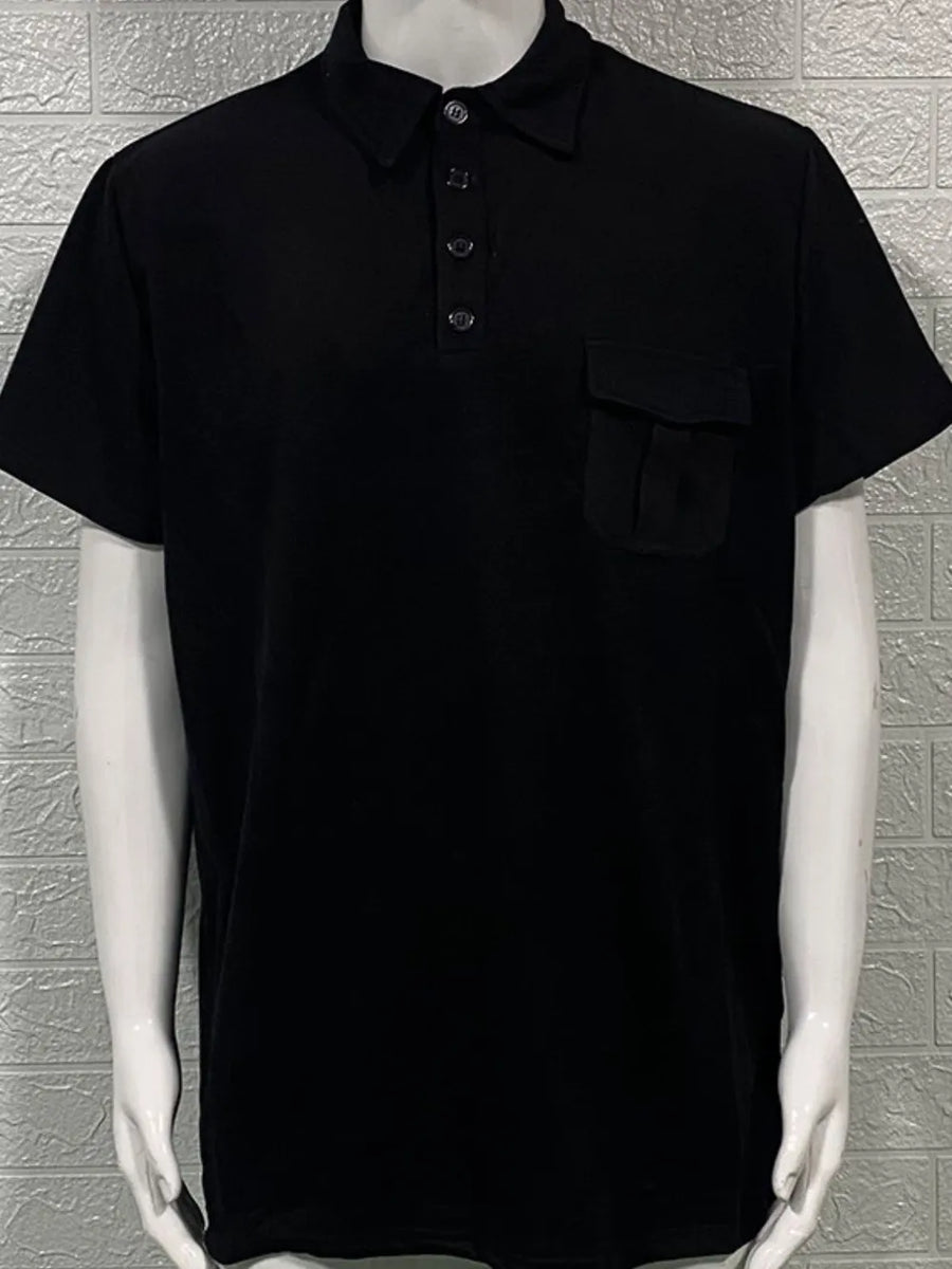 Black acrylic utility pocket polo shirt with short sleeves and button placket.