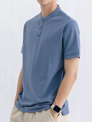 Men's blue gray cotton t-shirt with mandarin collar and button placket.