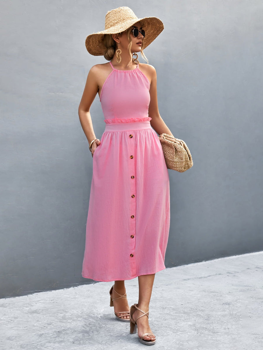 Pink button-down midi dress with halter neck and ruffled waist detail