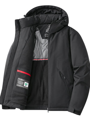 Black hooded windbreaker jacket with fleece lining and red zippered pocket detail.