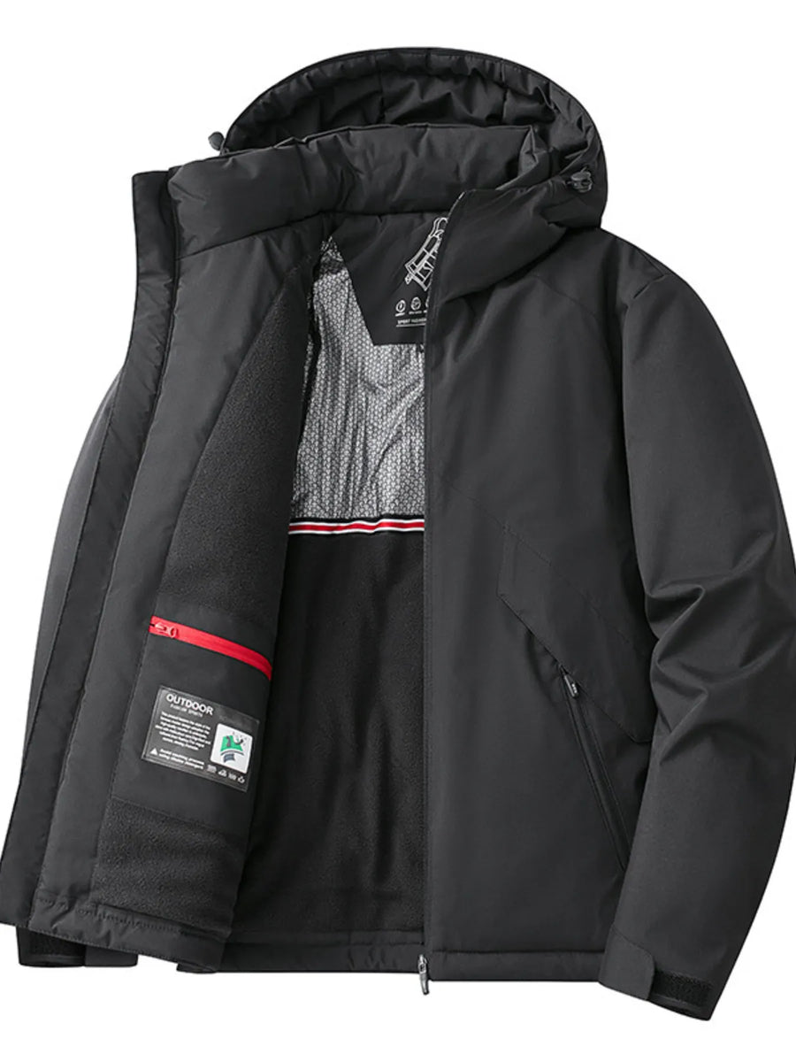 Black hooded windbreaker jacket with fleece lining and red zippered pocket detail.