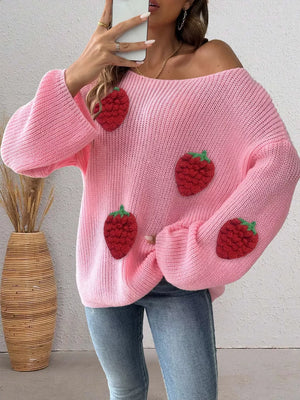 Strawberry Applique Oversized Sweater in White with applique