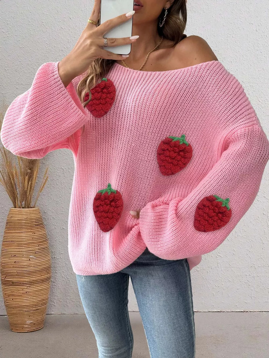Strawberry Applique Oversized Sweater in White with applique