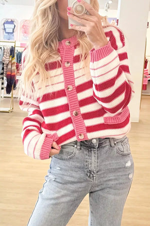 Strawberry with Stripe V Neck Long Sleeve Cardigan in Strawberry