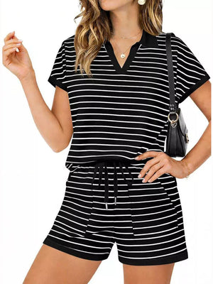 Black striped polo shirt and drawstring shorts loungewear set with pockets.