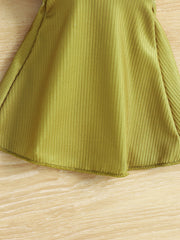 Baby bodysuit in clover green ribbed fabric with a flared hem detail.