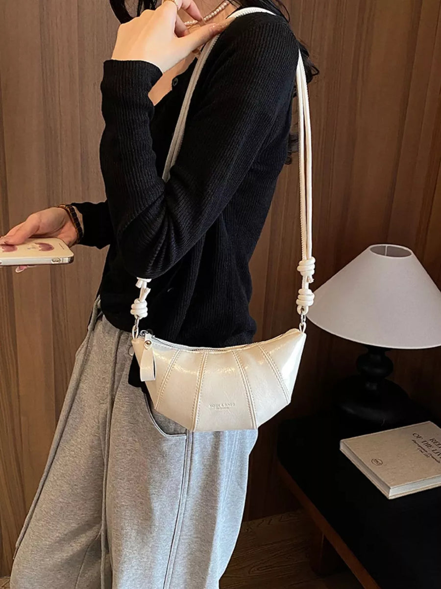 Pu Leather Crescent Crossbody Bag in ivory with stitched details
